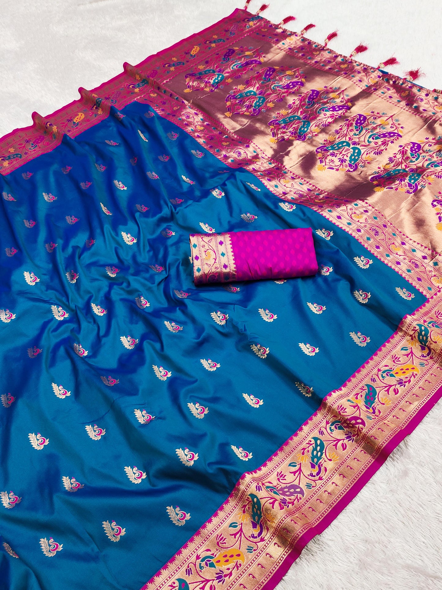 Blue color paithani silk saree with blouse for wedding