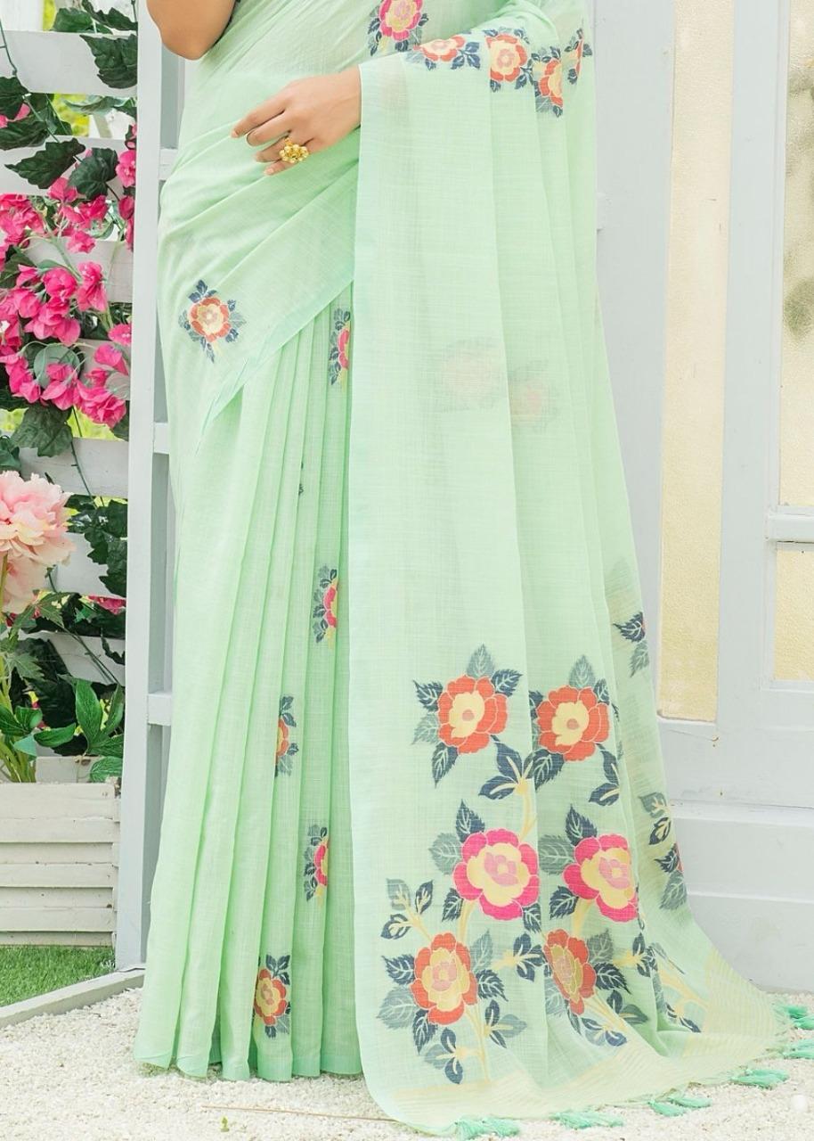 Pista color Linen saree with blouse online
