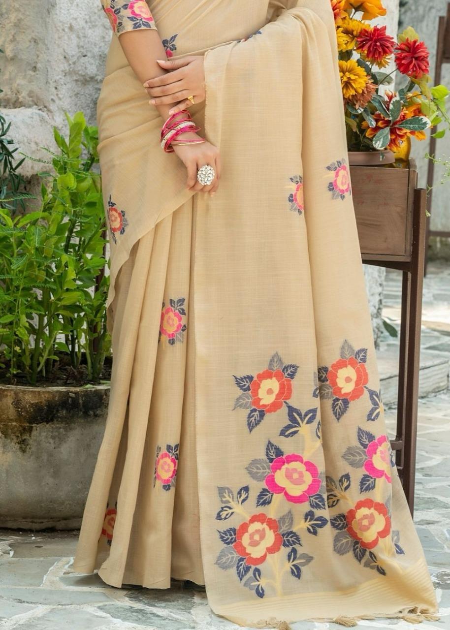 Beige color linen printed saree with blouse