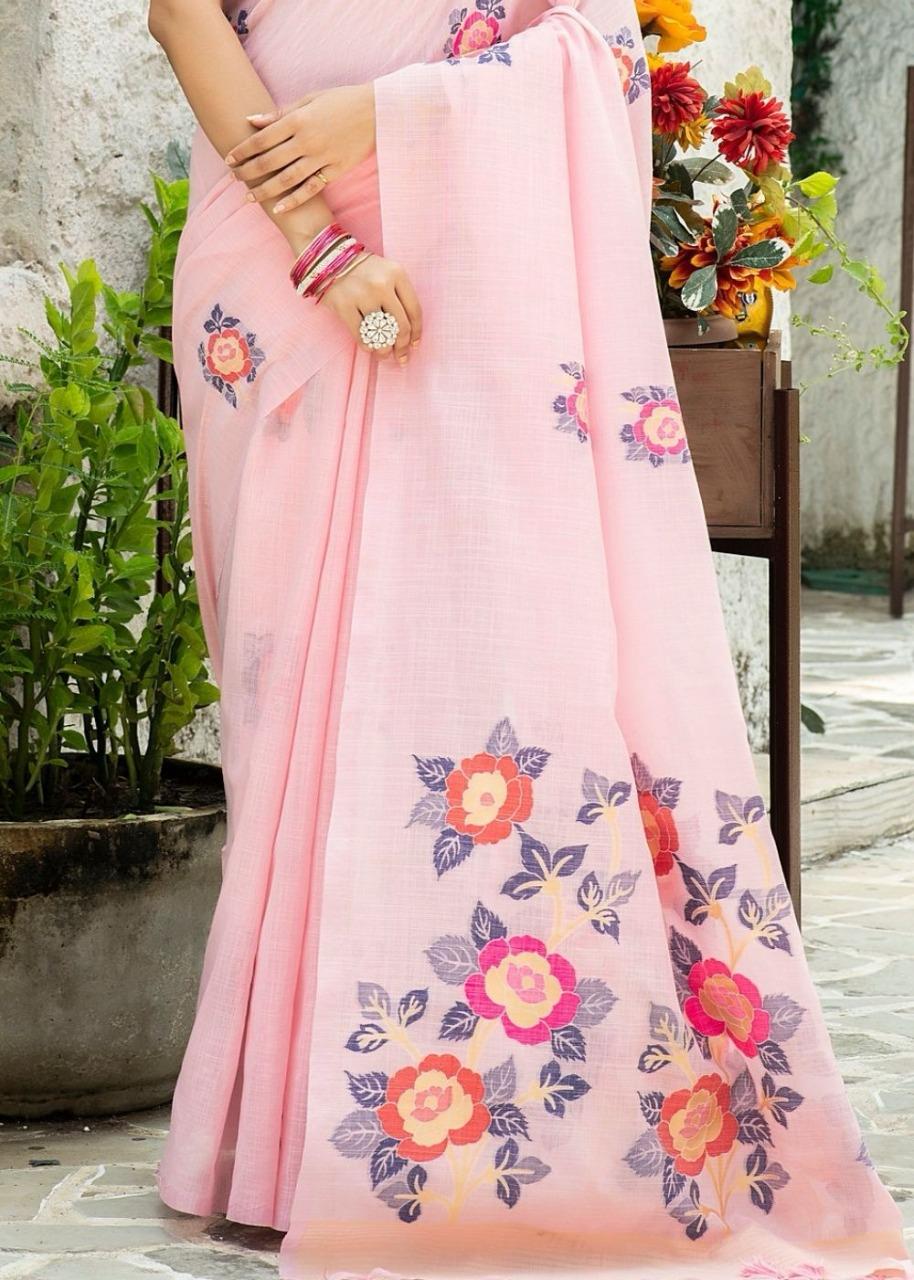 Pink color linen printed saree with blouse online