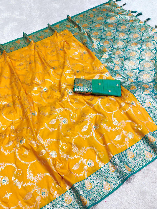 Yellow color banarasi silk saree with blouse online