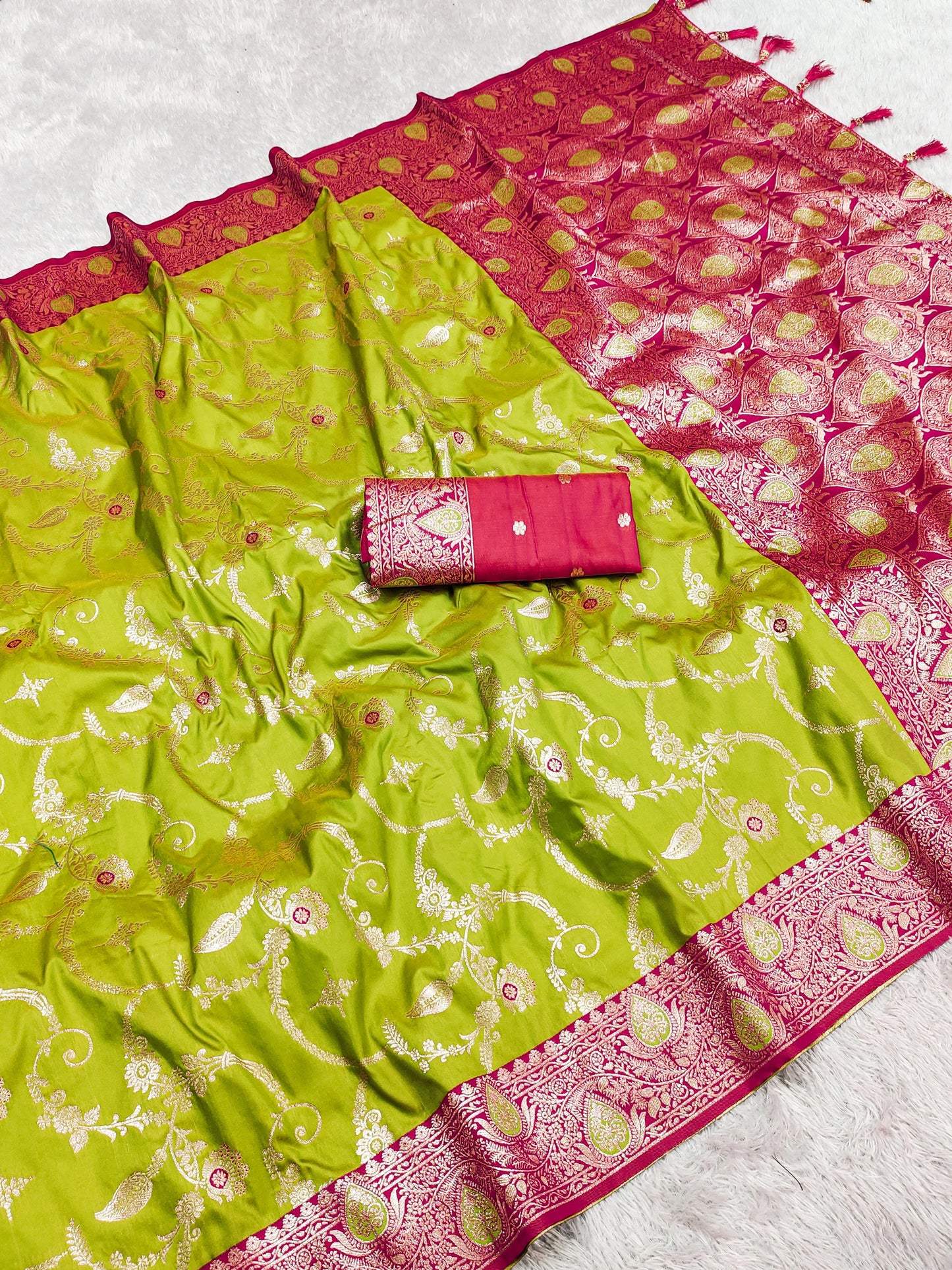 Parrot green color banarasi silk saree with blouse price