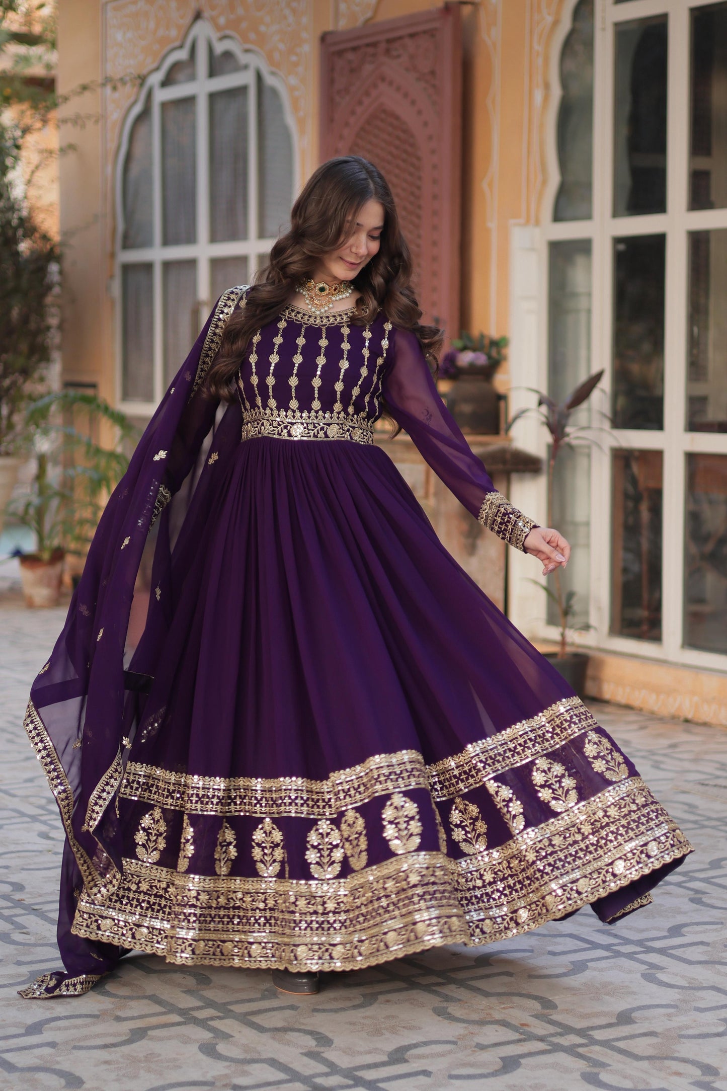 Purple color faux blooming gown with dupatta online shopping