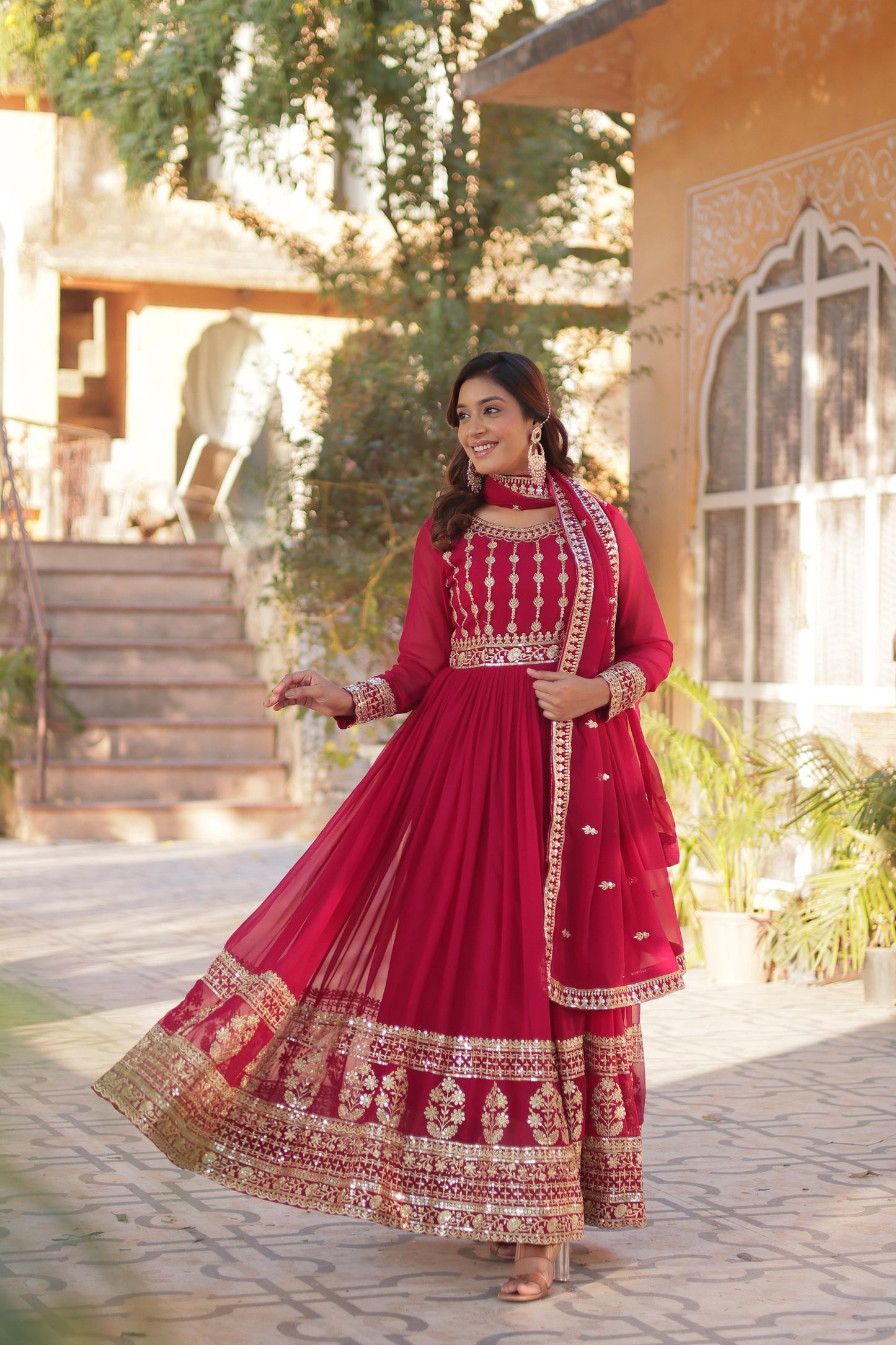Pink color faux blooming gown with dupatta online