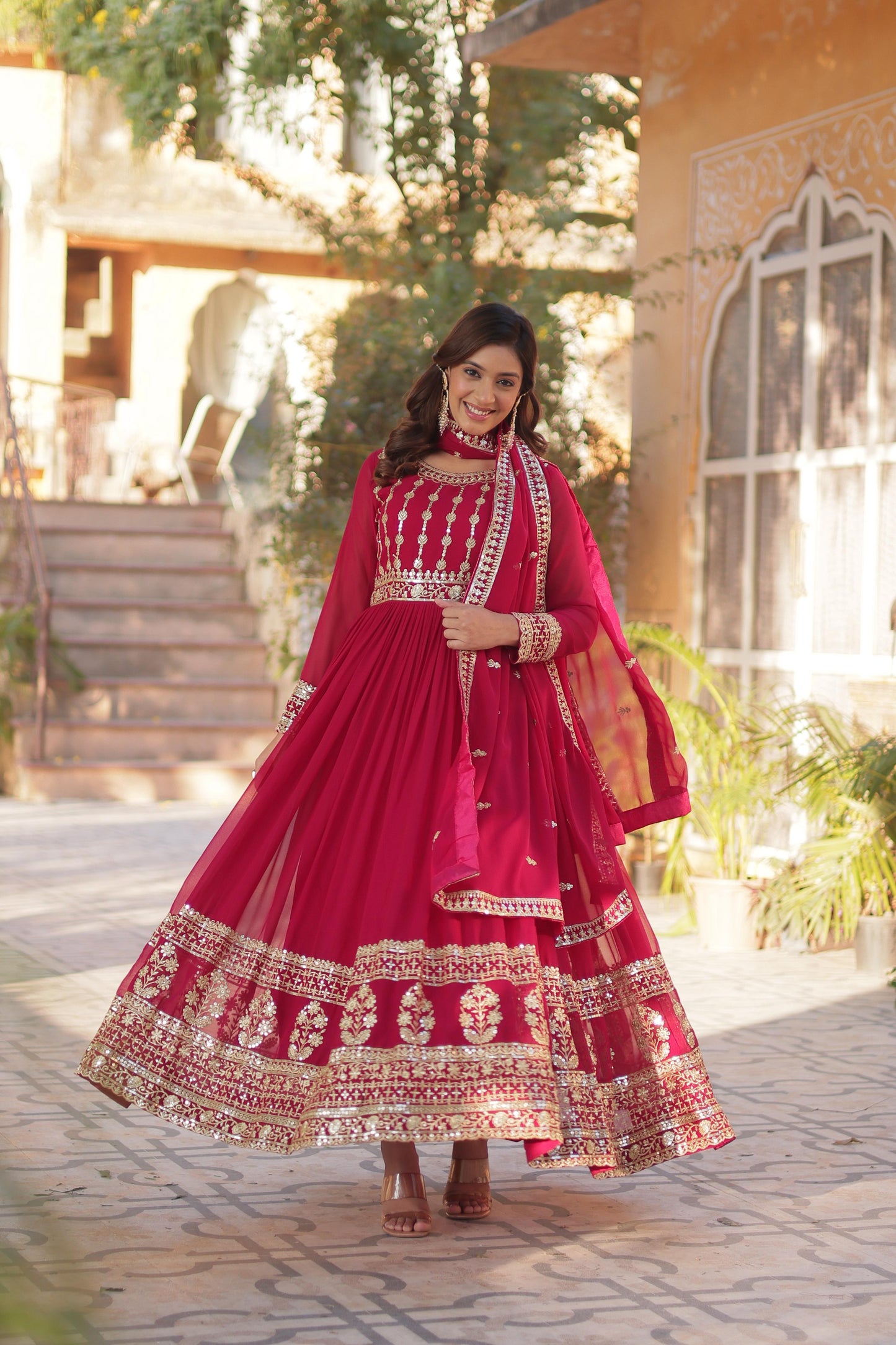 Pink color faux blooming gown with dupatta images