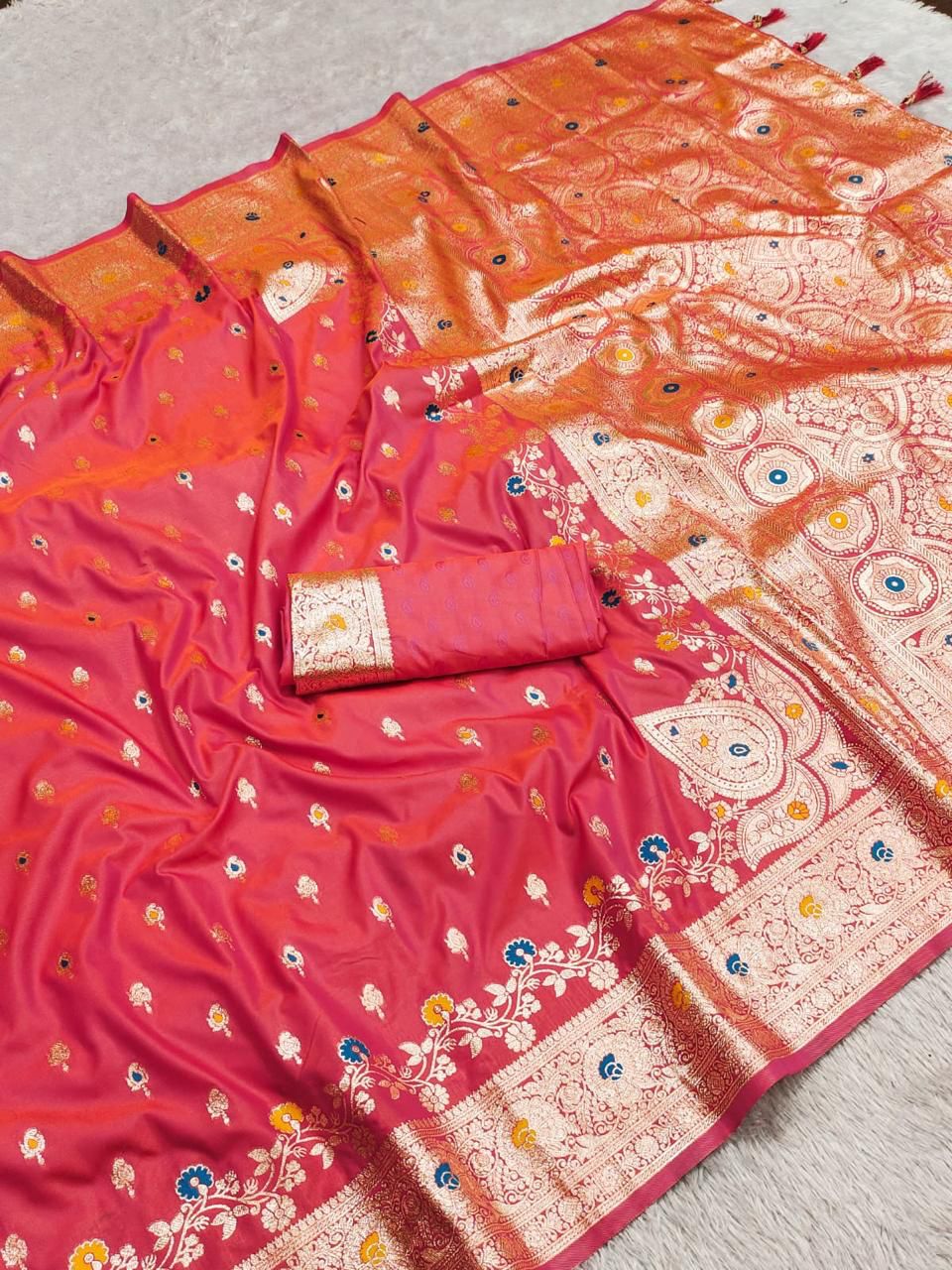 Peach color banarasi silk weaving saree