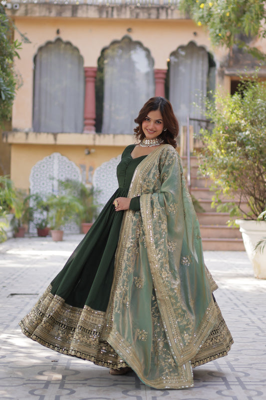 Green color shimmer vichitra gown for women