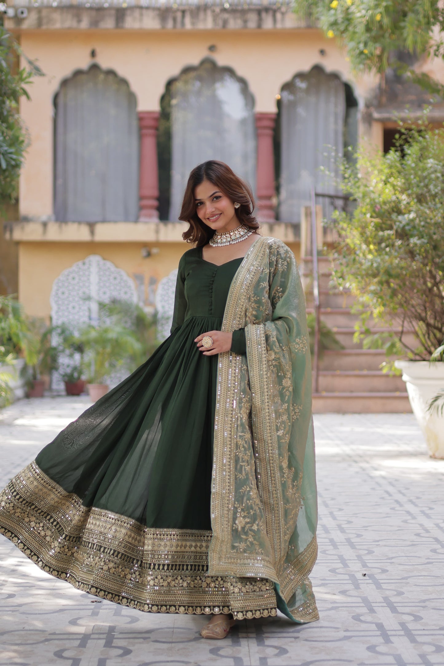 Green color shimmer vichitra gown with dupatta online shopping
