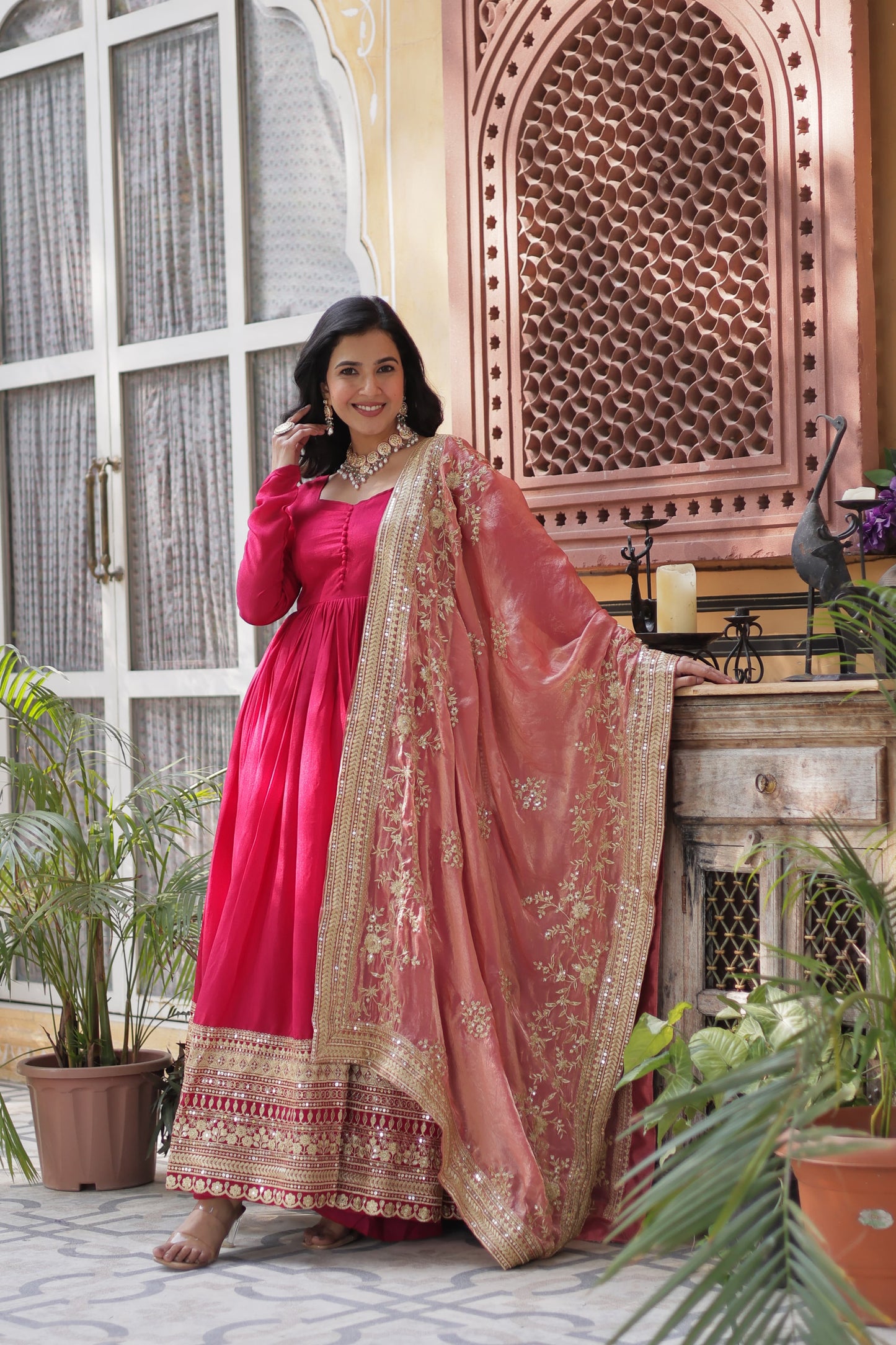 Pink color shimmer vichitra gown with dupatta online