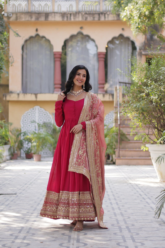 Pink color shimmer vichitra gown with dupatta online shopping