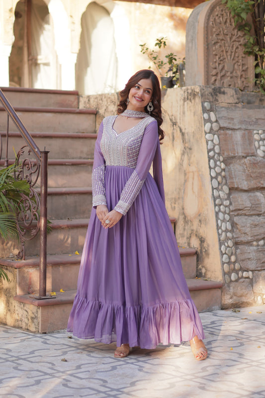 Lavender color star georgette gown for wedding