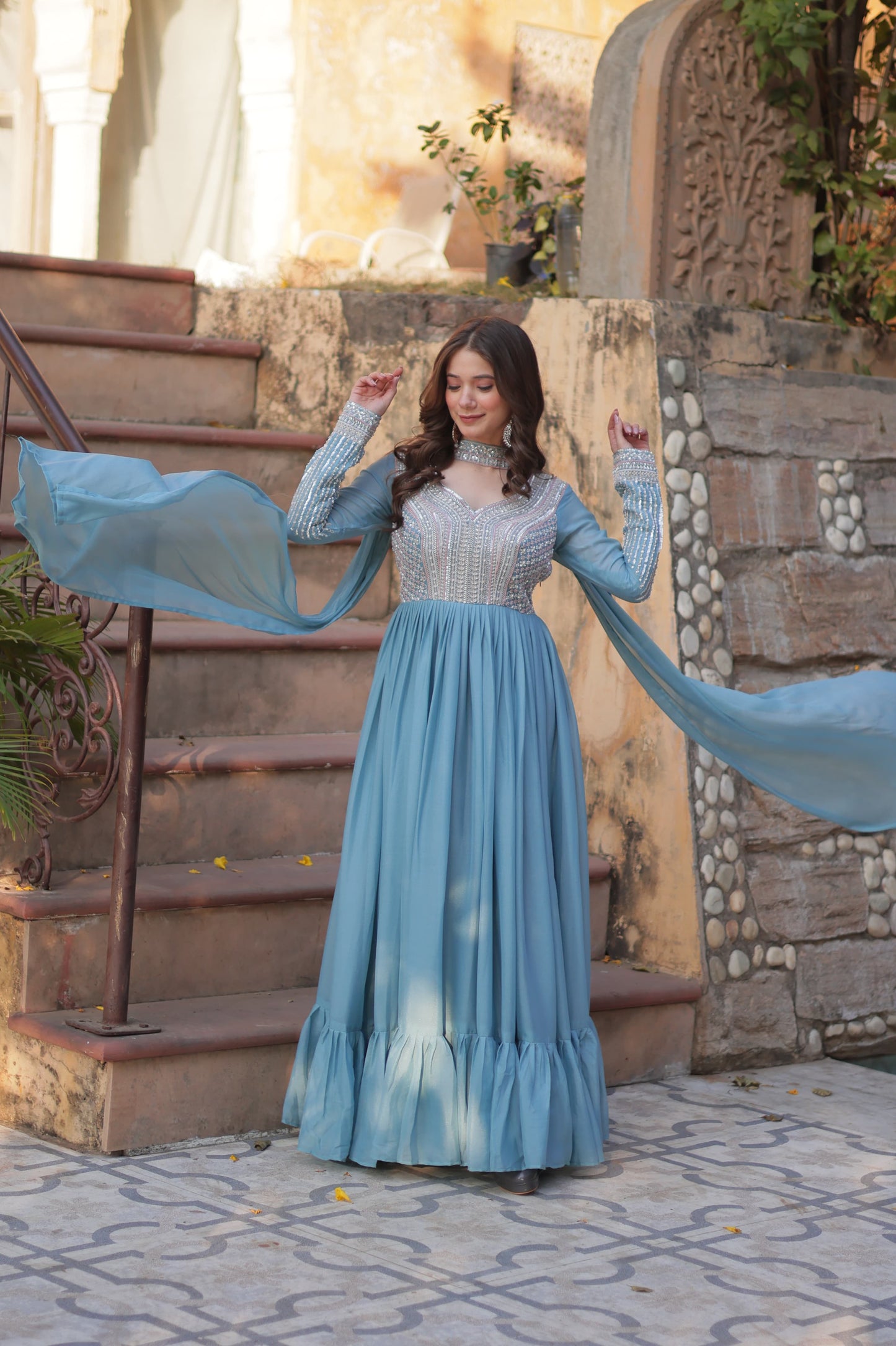 Sky Color star georgette gown with dupatta images