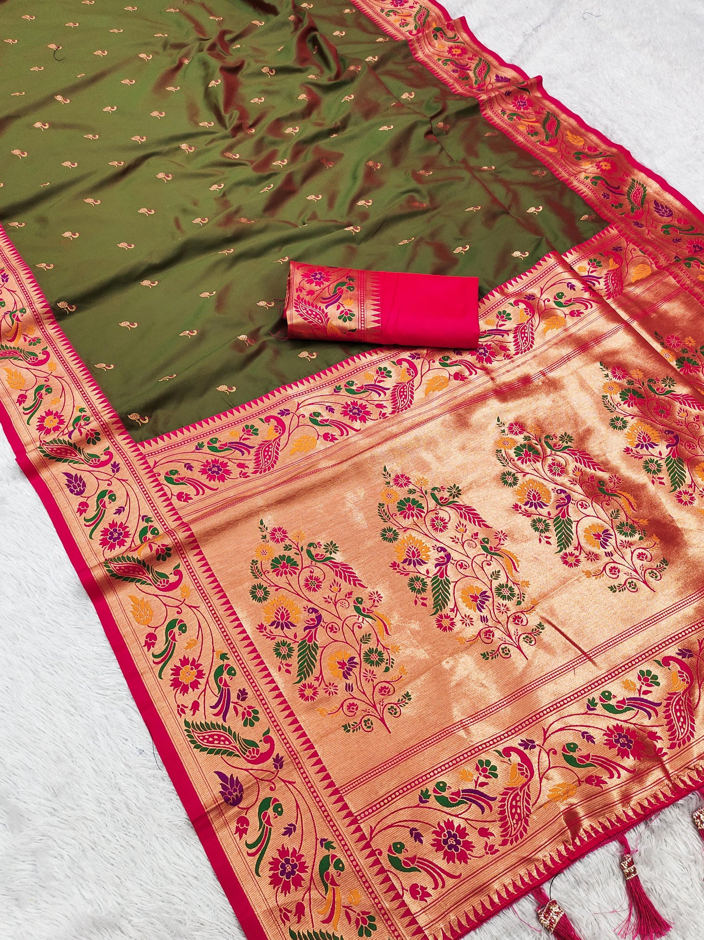 Mehendi color paithani silk saree with blouse images