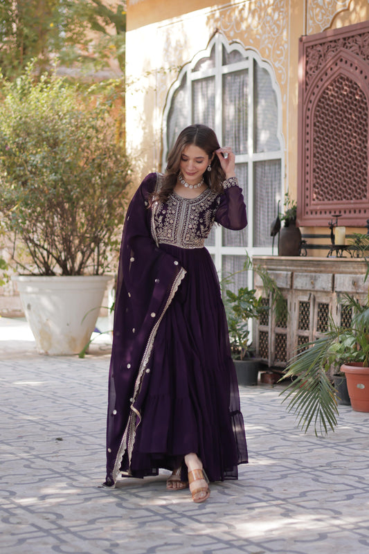 Purple color faux blooming gown with dupatta online
