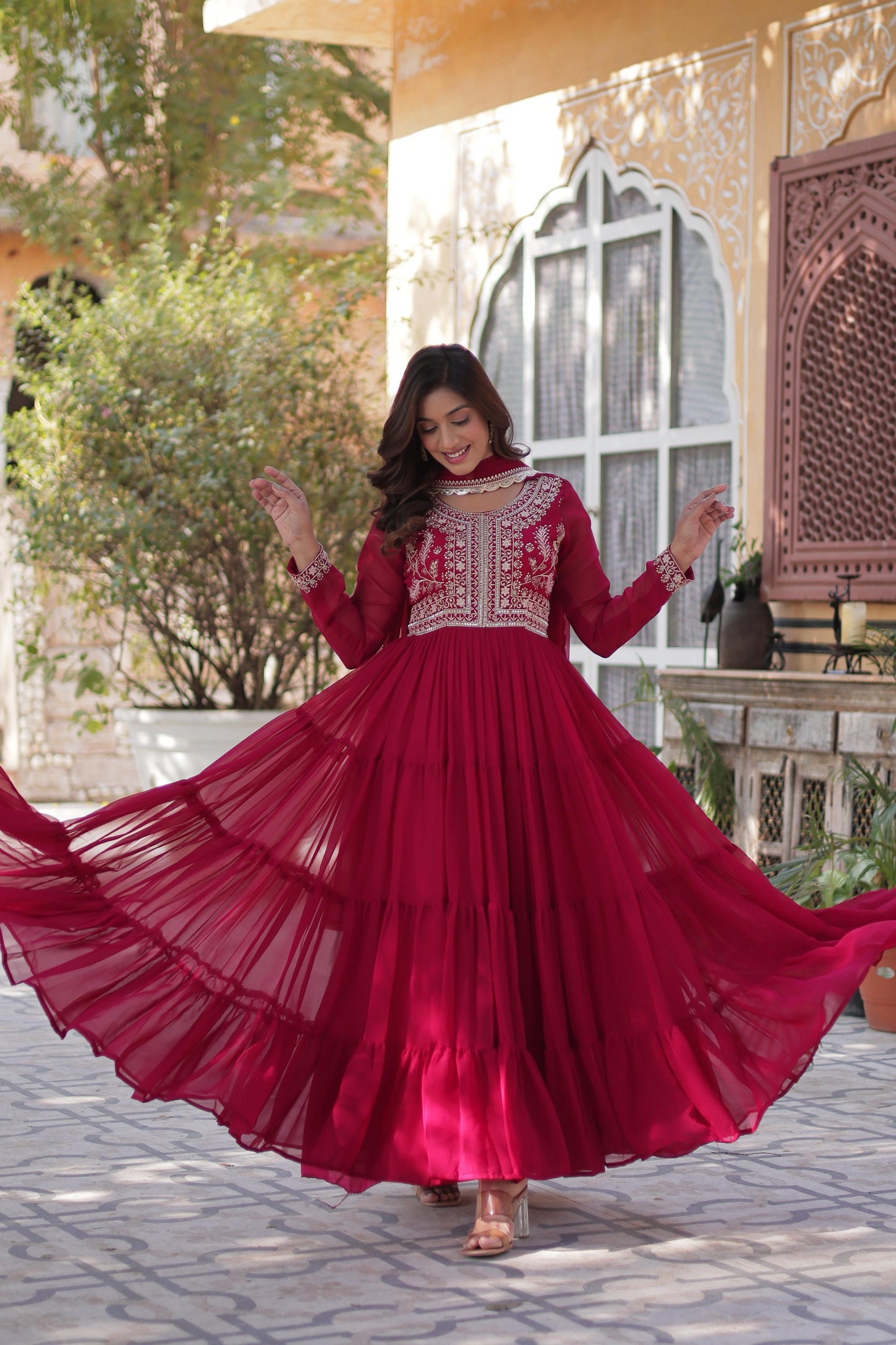 Pink color faux blooming gown with dupatta for wedding