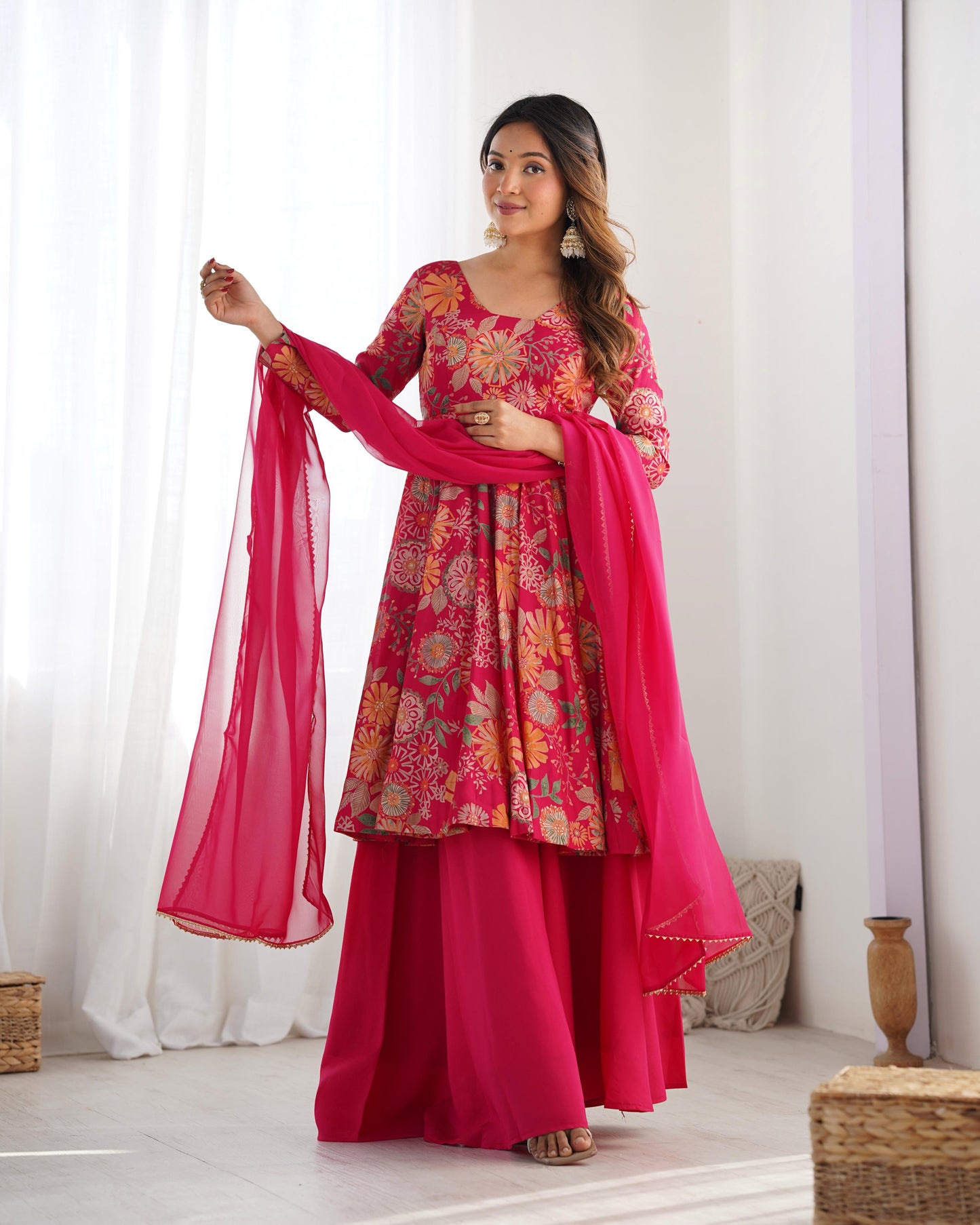 Rani pink color roman silk chanderi sharara suit