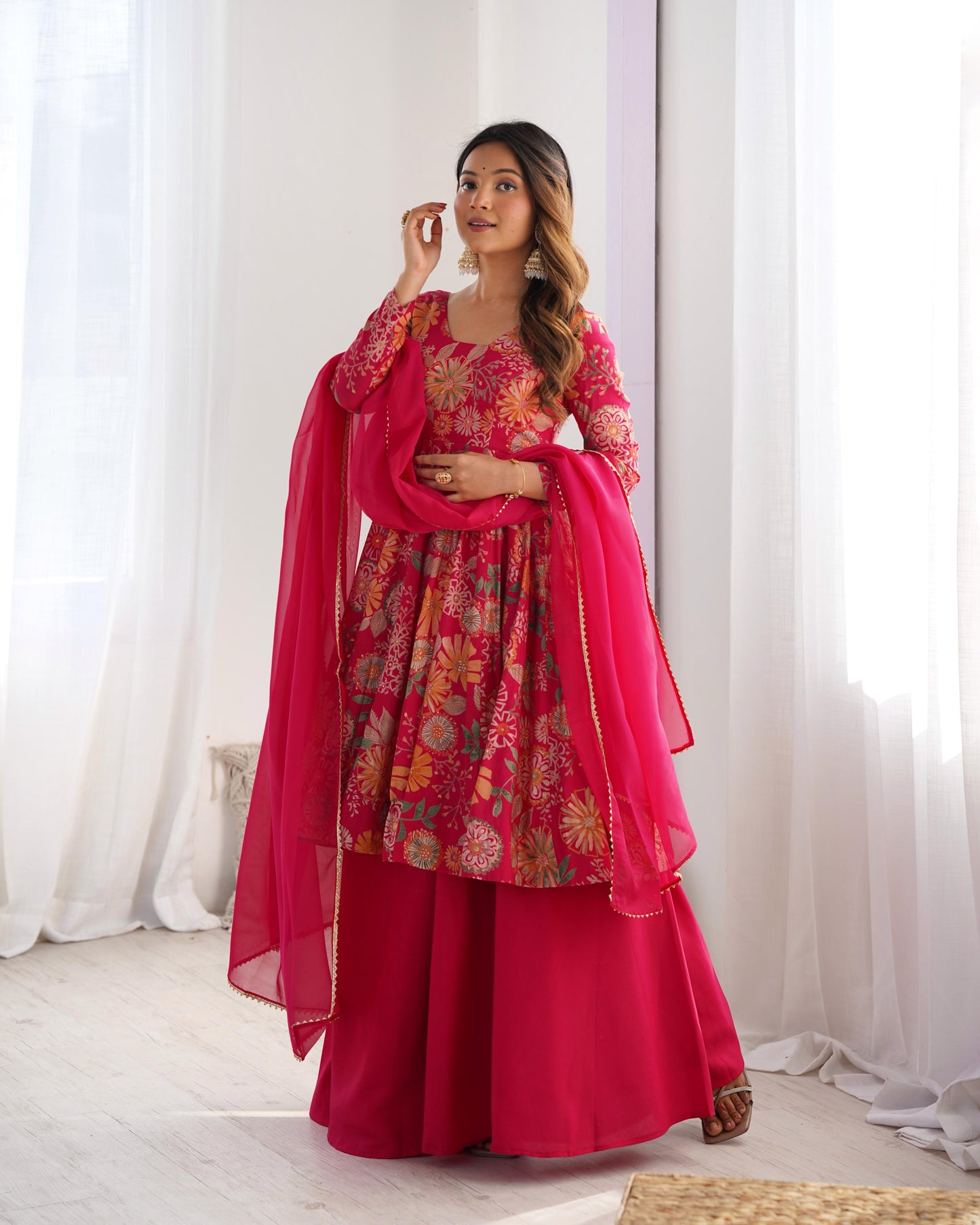 Rani pink color roman silk chanderi sharara suit price