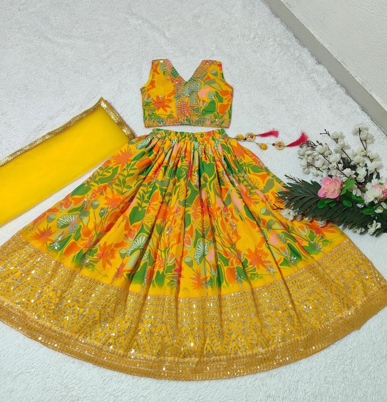 Yellow color georgette lehenga choli for women