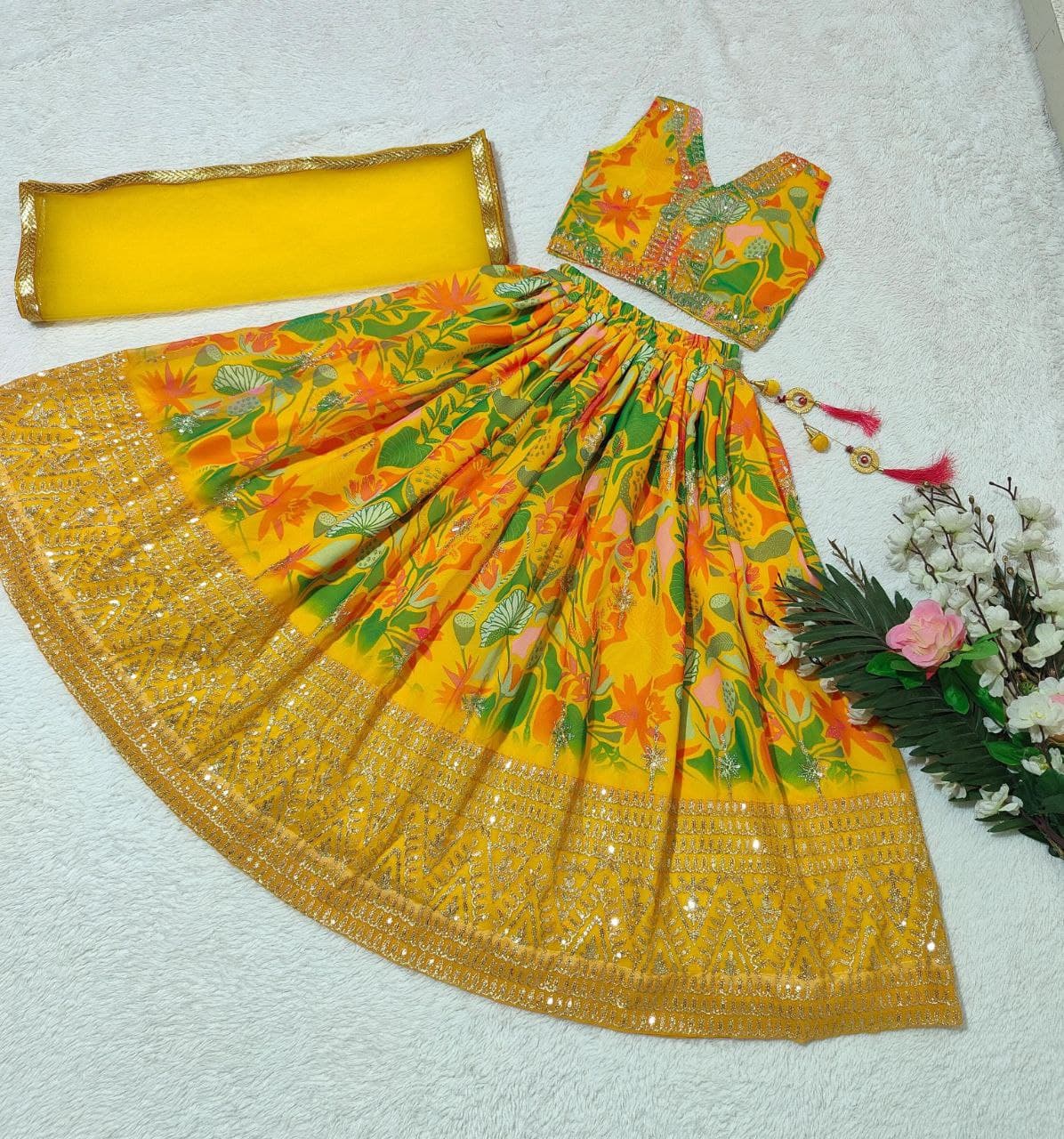 Yellow color georgette kids girls lehenga choli