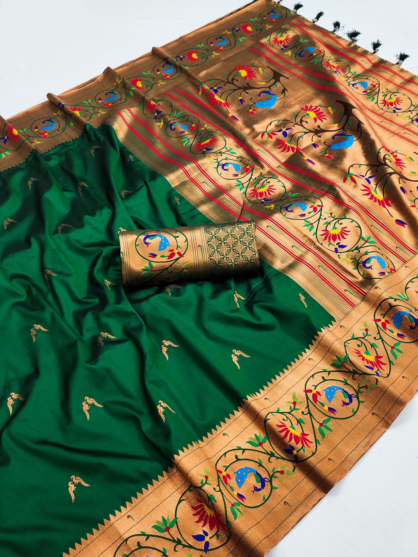 Green color paithani silk saree with blouse online