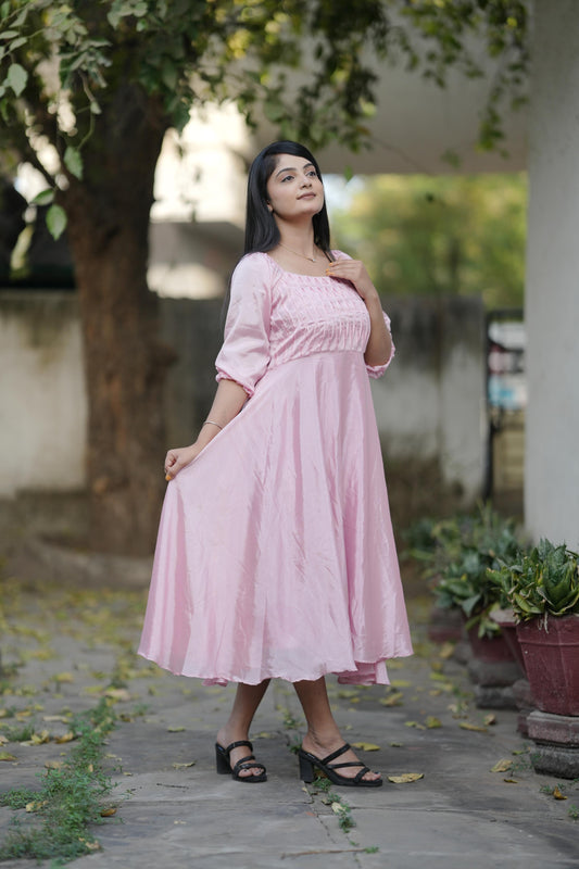 Pink color chinon long kurti for women with images