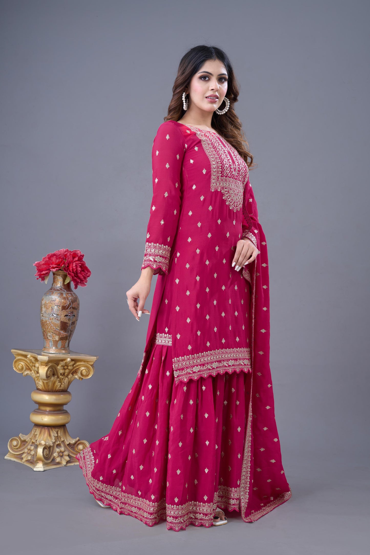 Pink color chinon silk sharara suit with dupatta images