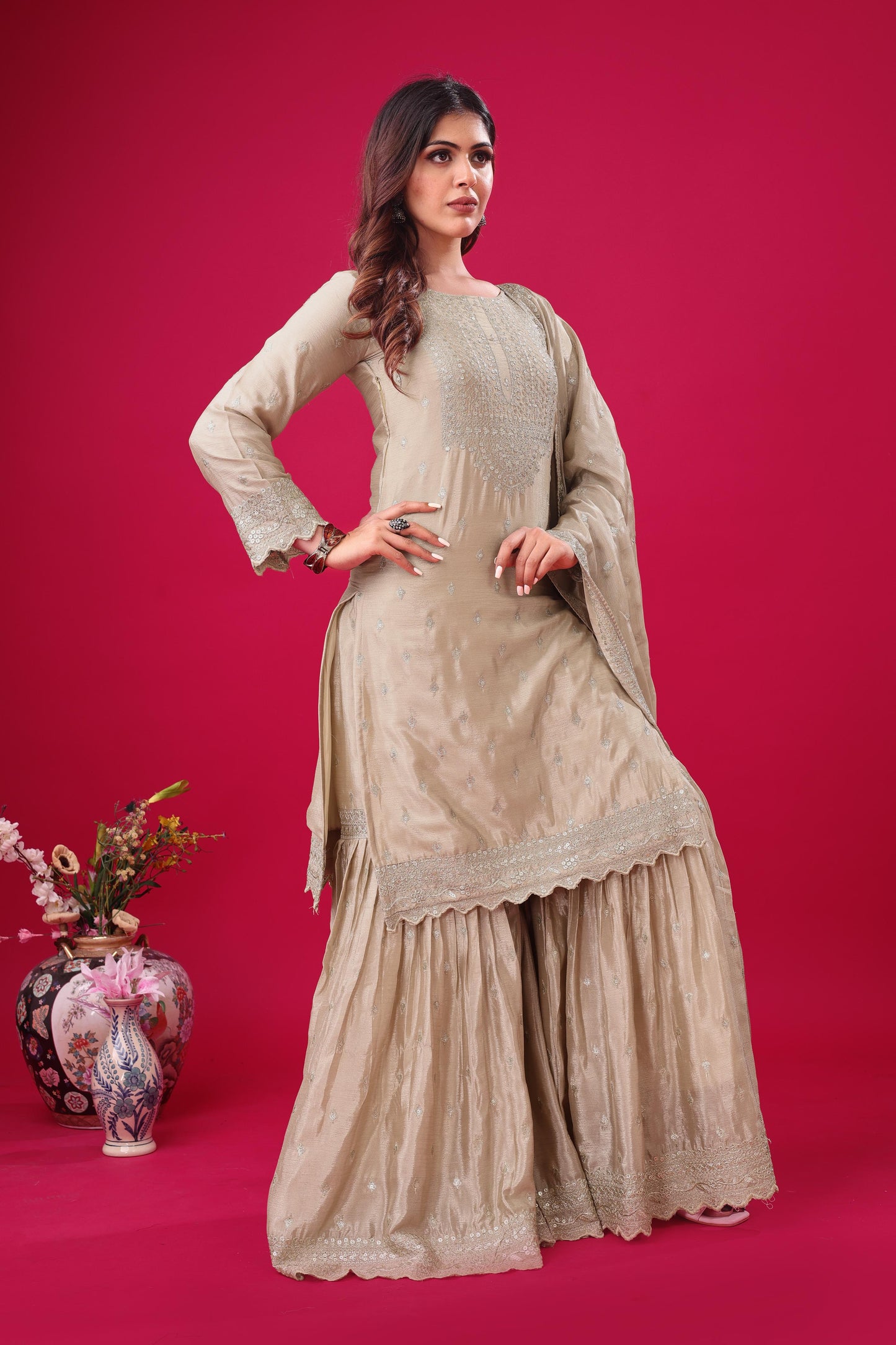 Beige color chinon silk sharara suit with dupatta price