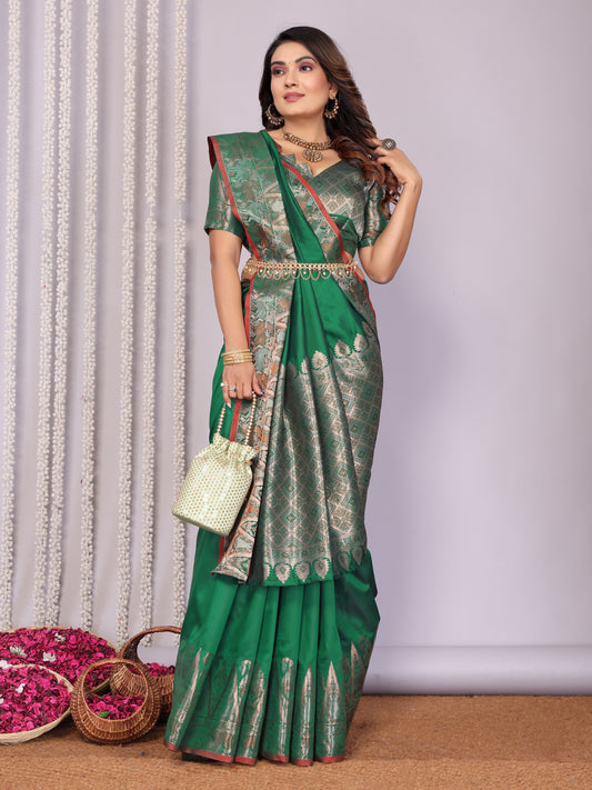 Green color silk weaving saree for wedding
