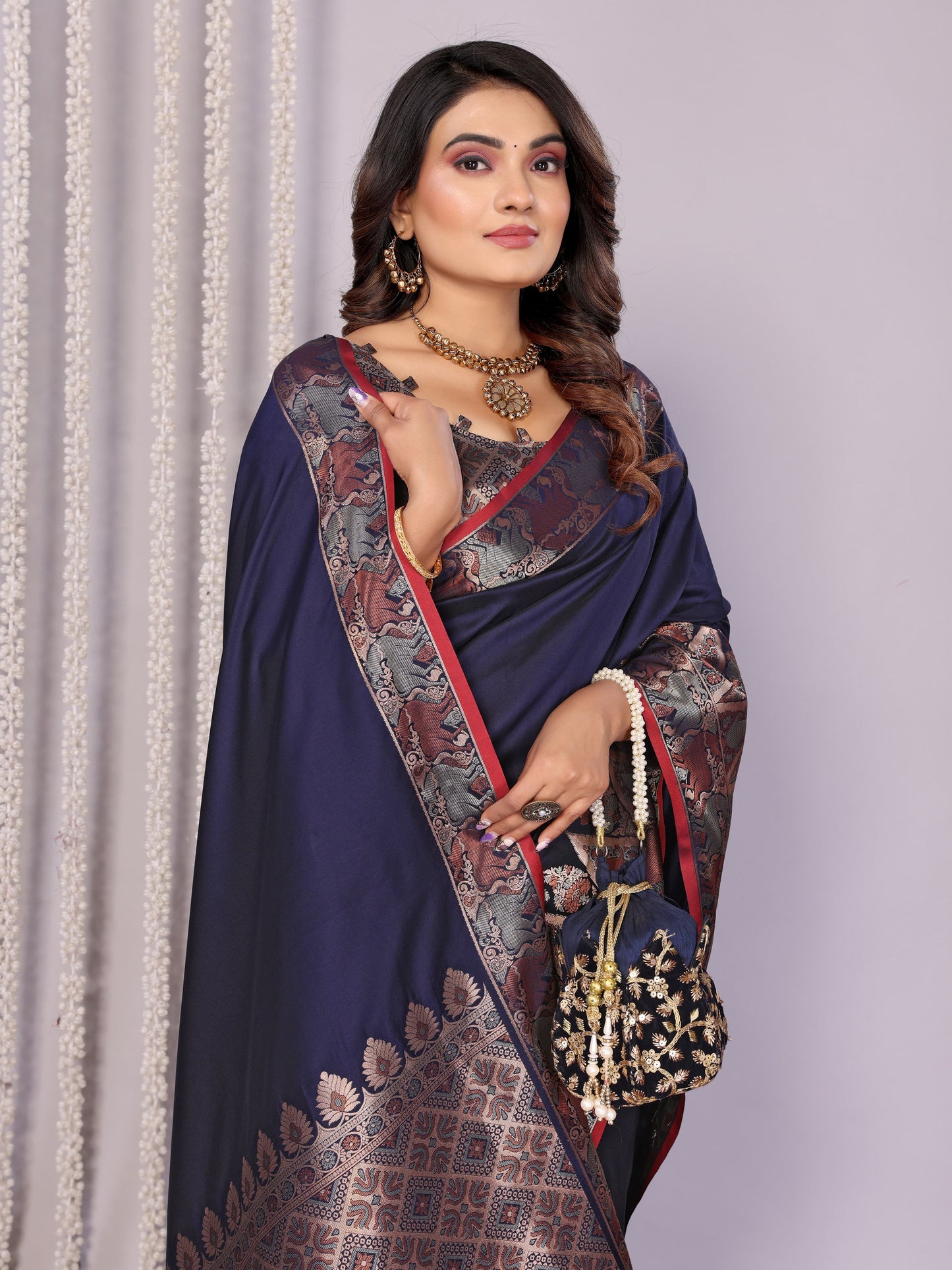 Navy blue color soft silk saree with blouse price