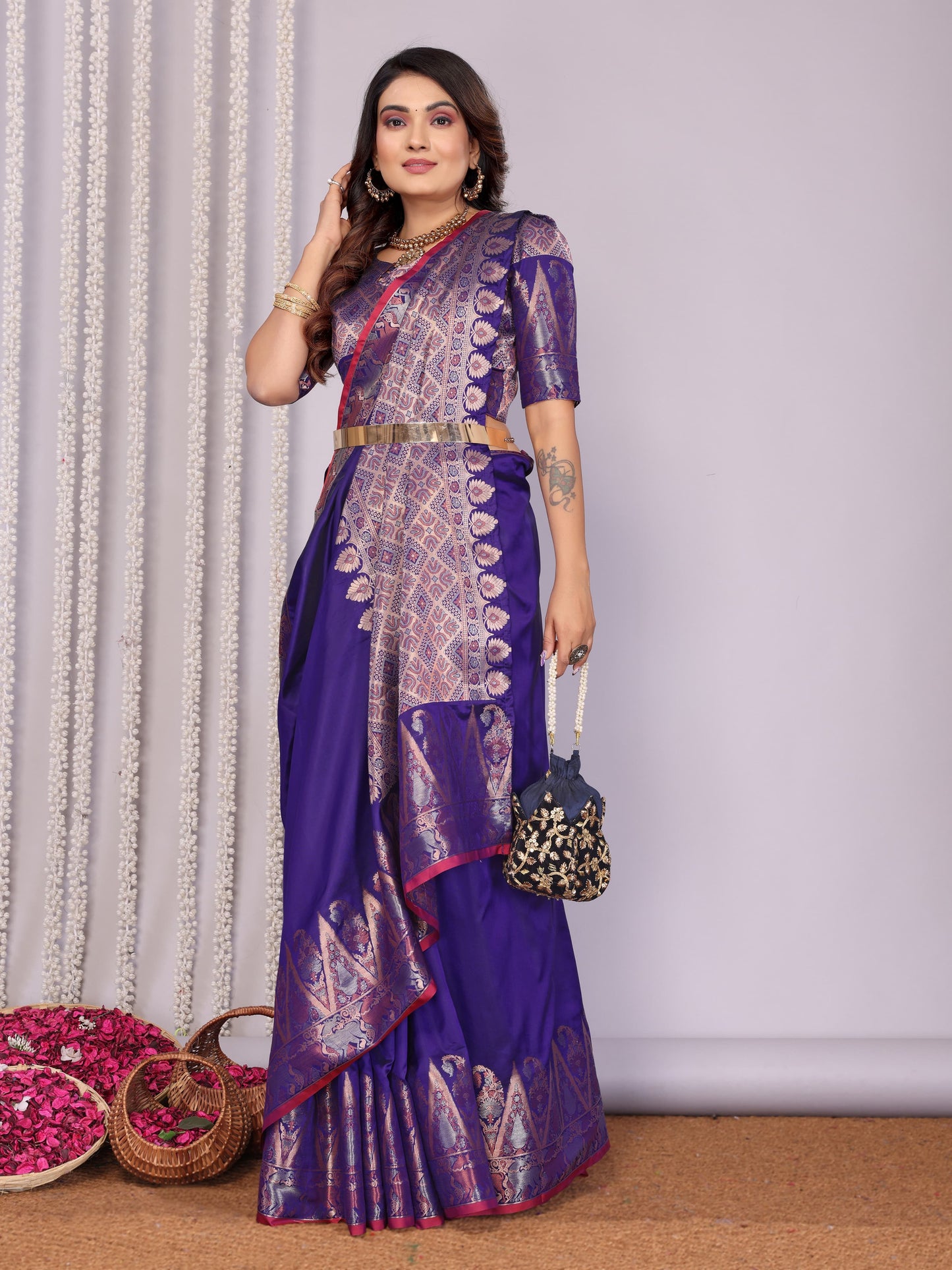 Violet color soft silk saree with blouse images