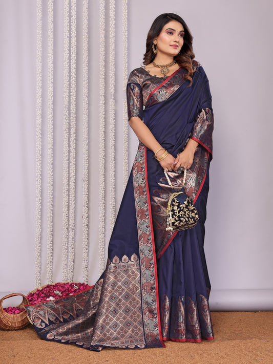 Navy blue color soft silk saree with blouse online