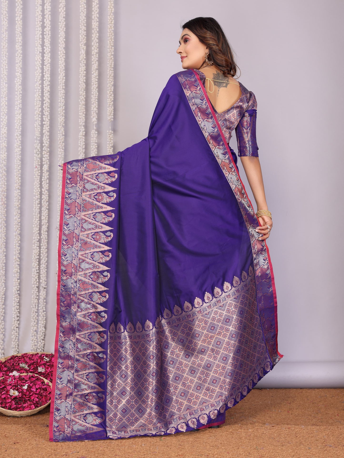 Violet color soft silk saree with blouse design