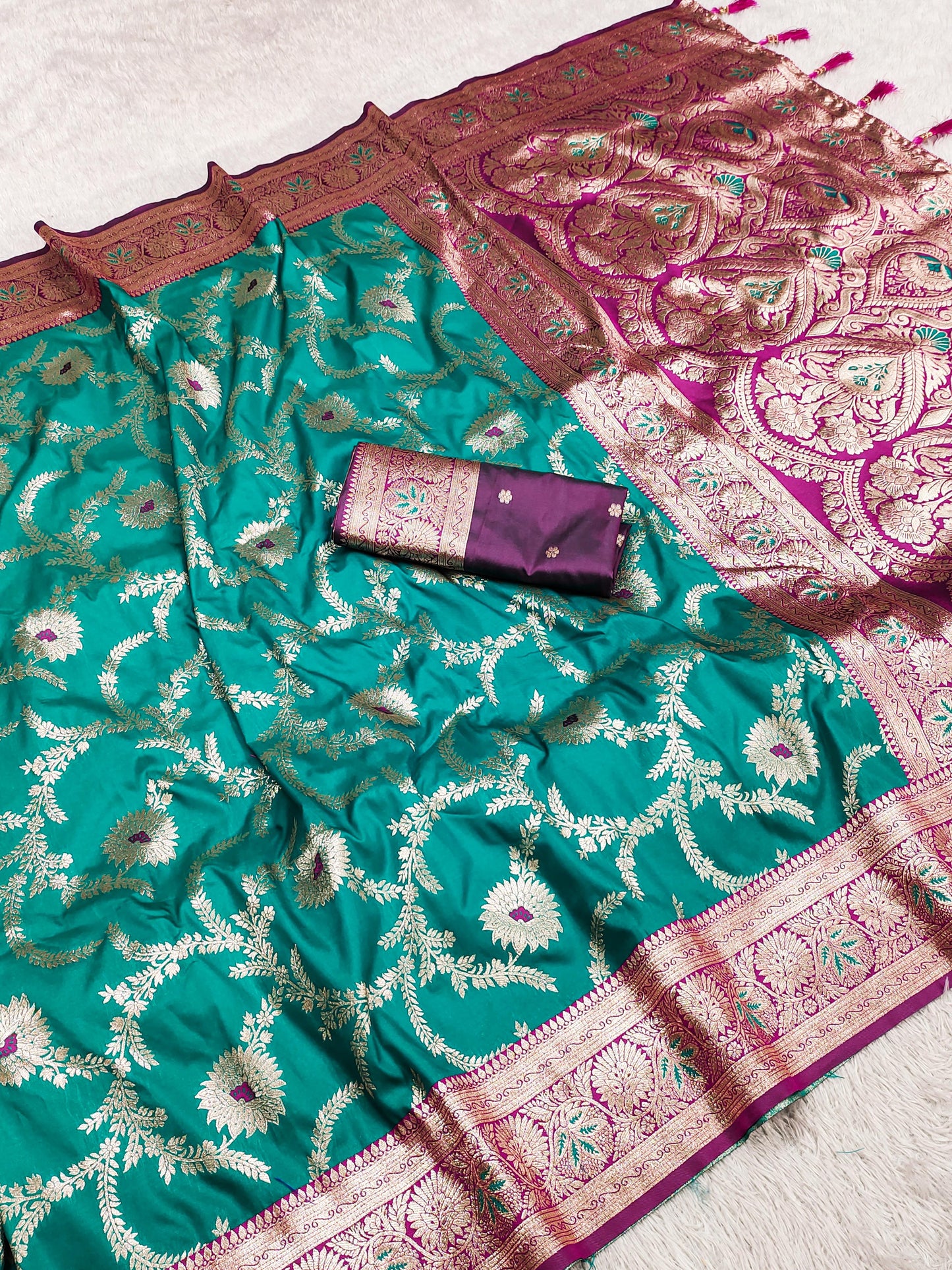 Rama color banarasi silk saree with blouse online shopping