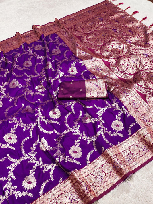 Purple color banarasi silk saree for wedding