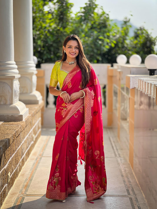 Fabulous Red Color Viscose Dola Silk Zari Weaving Saree For Wedding