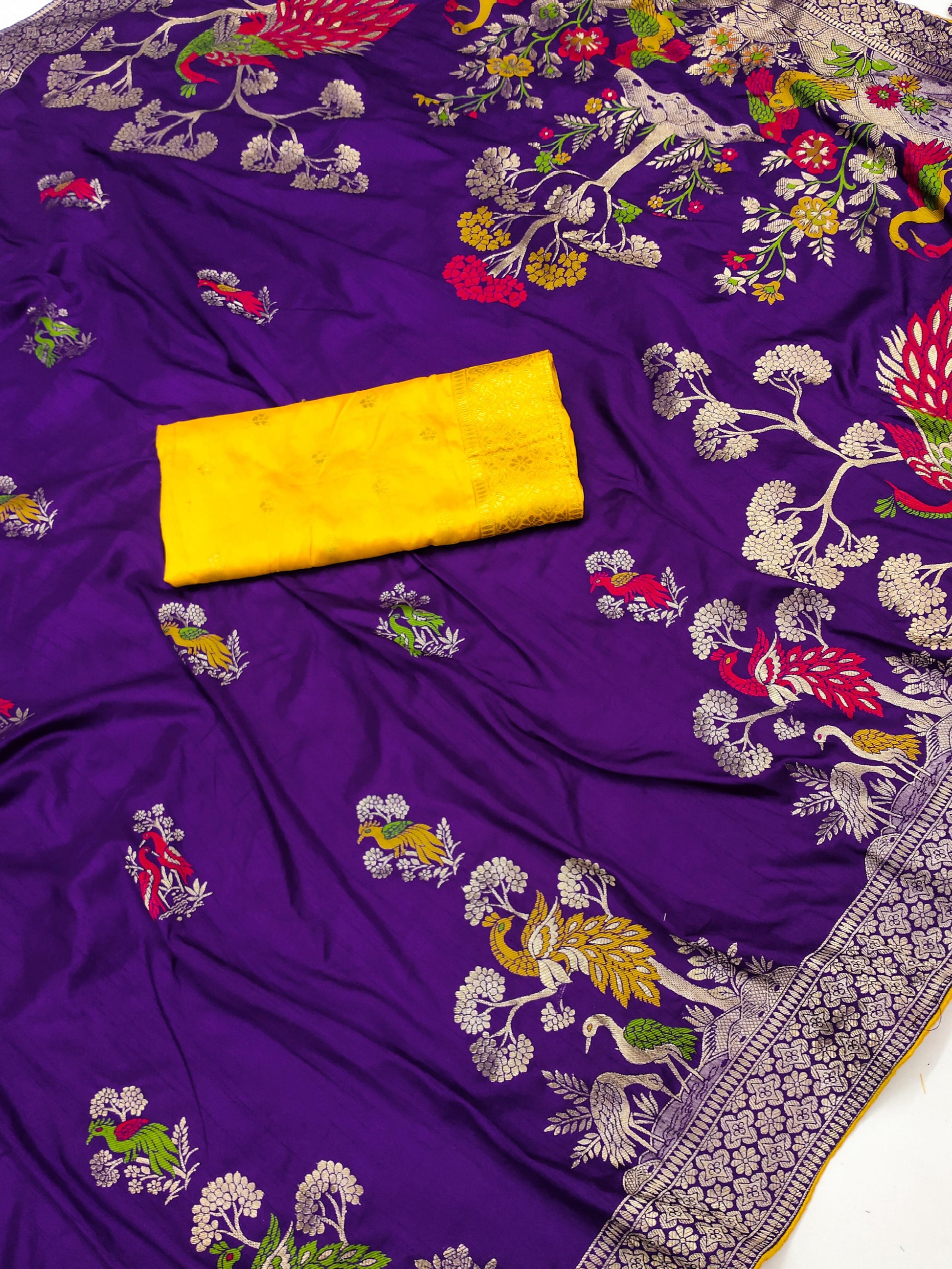 Purple color dola silk saree with blouse images
