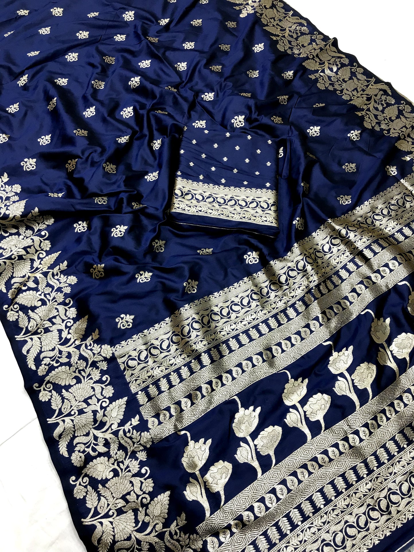 Navy Blue color banarasi silk saree with blouse images