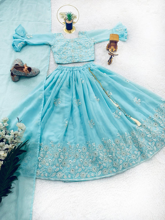 Sky color georgette lehenga choli for wedding