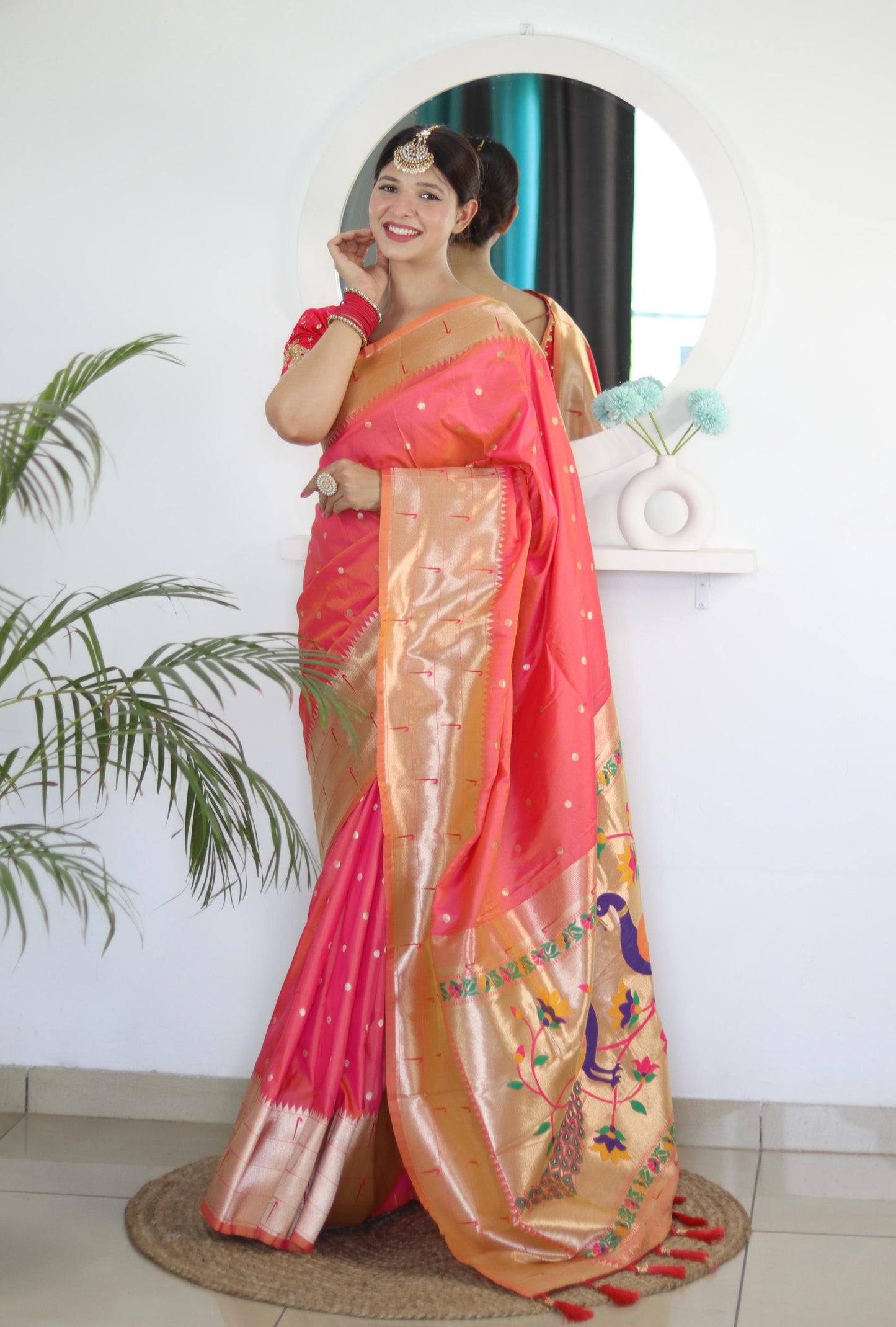 Peach color paithani silk saree with blouse