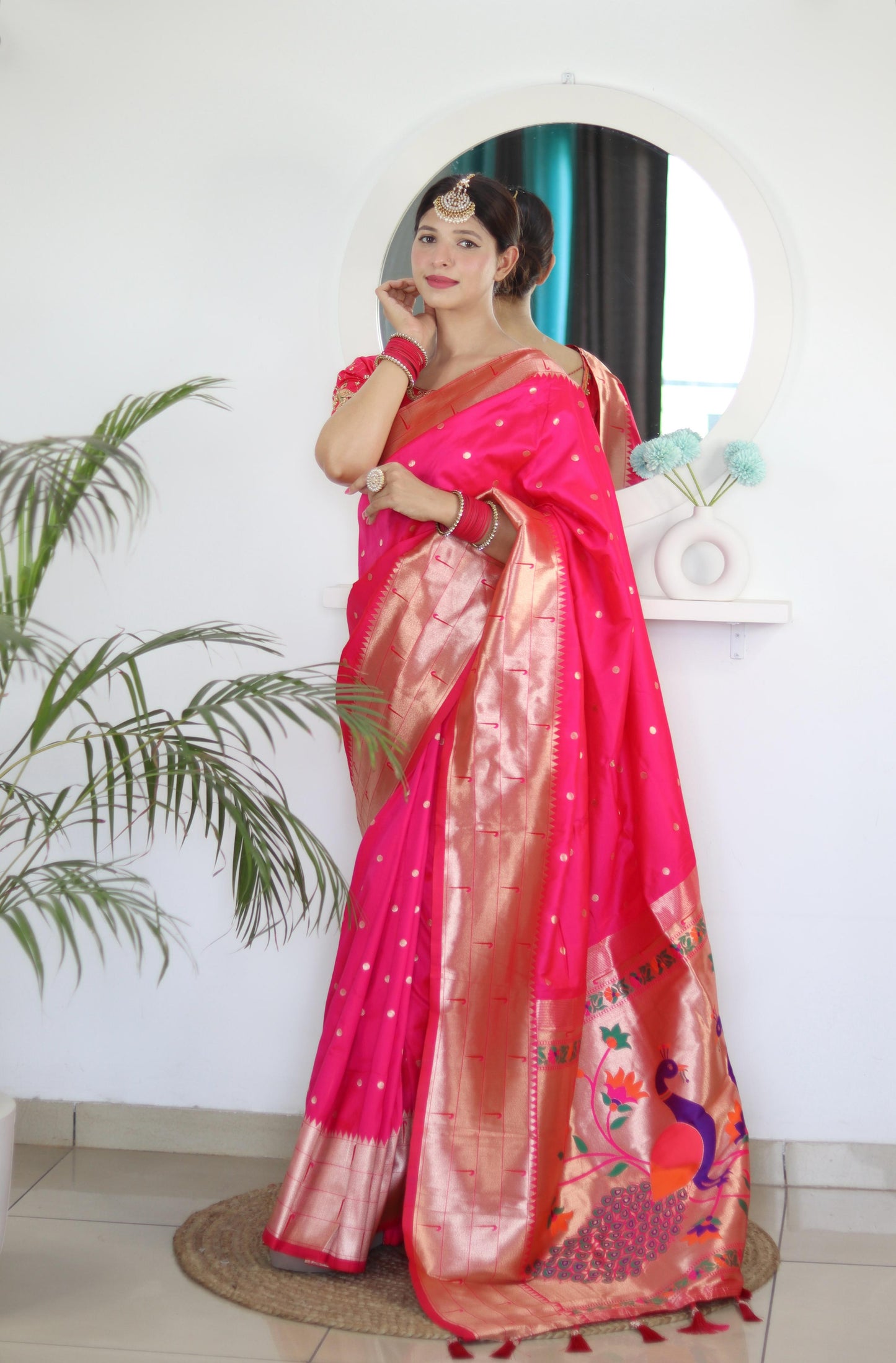 Pink color paithani silk saree with blouse images