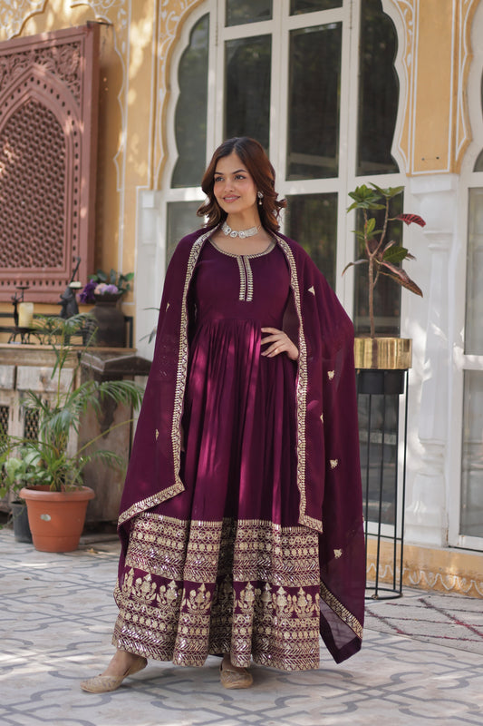 Wine color shimmer vichitra gown for women