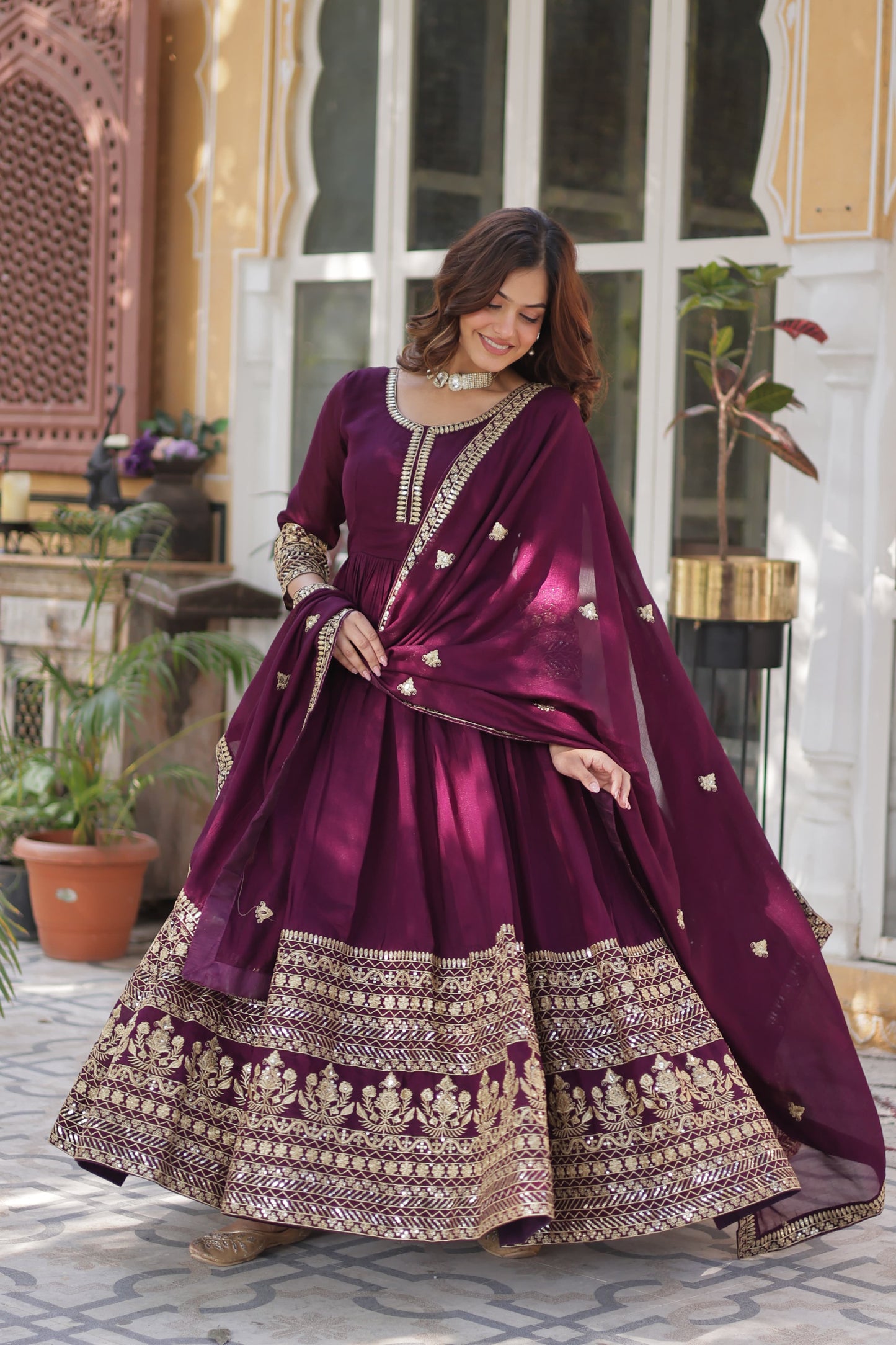 Wine color shimmer vichitra gown with dupatta price
