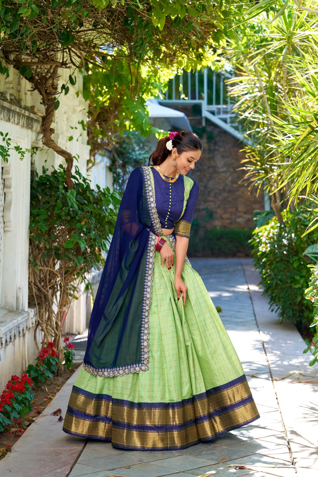 Pista color zari weaving chex lehenga choli for party