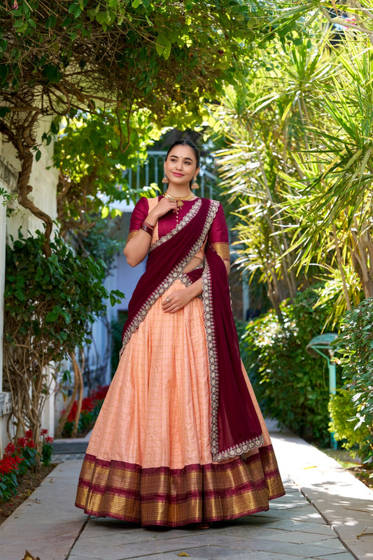 Peach color zari weaving chex lehenga choli for women