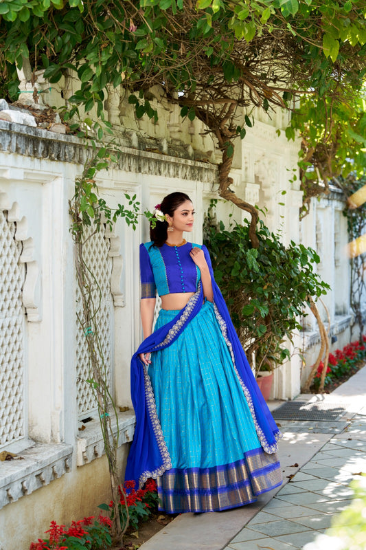 Blue color zari weaving chex lehenga choli with dupatta