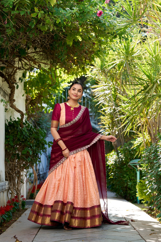 Peach color zari weaving chex lehenga choli with dupatta