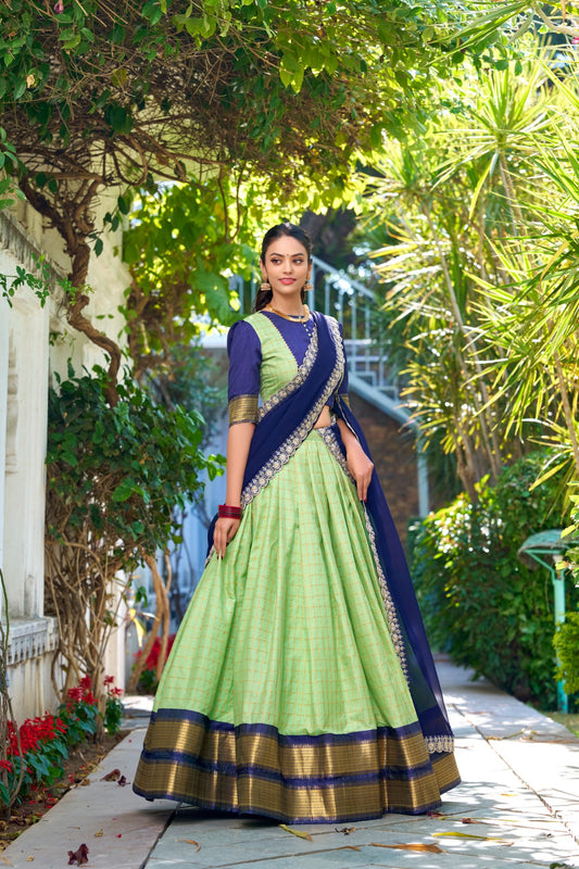 Pista color zari weaving chex lehenga choli for women