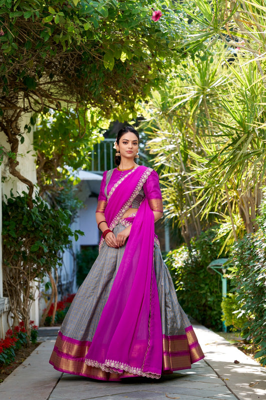 Grey color zari weaving chex lehenga choli for wedding