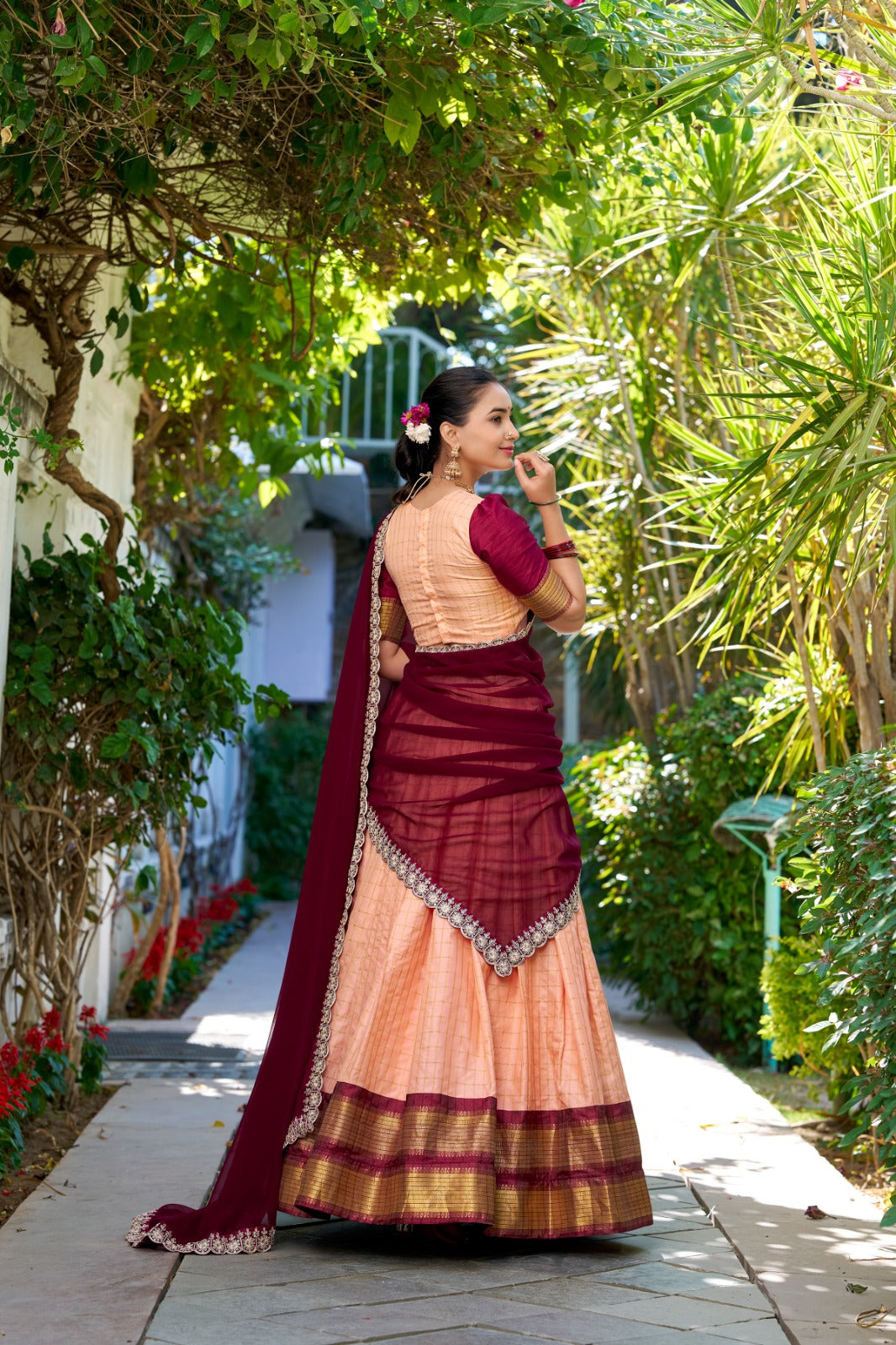Peach color zari weaving chex lehenga choli with online