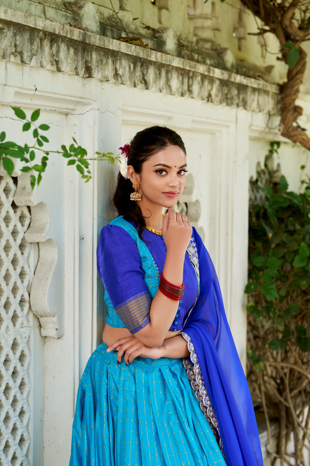 Blue color zari weaving chex lehenga choli with online